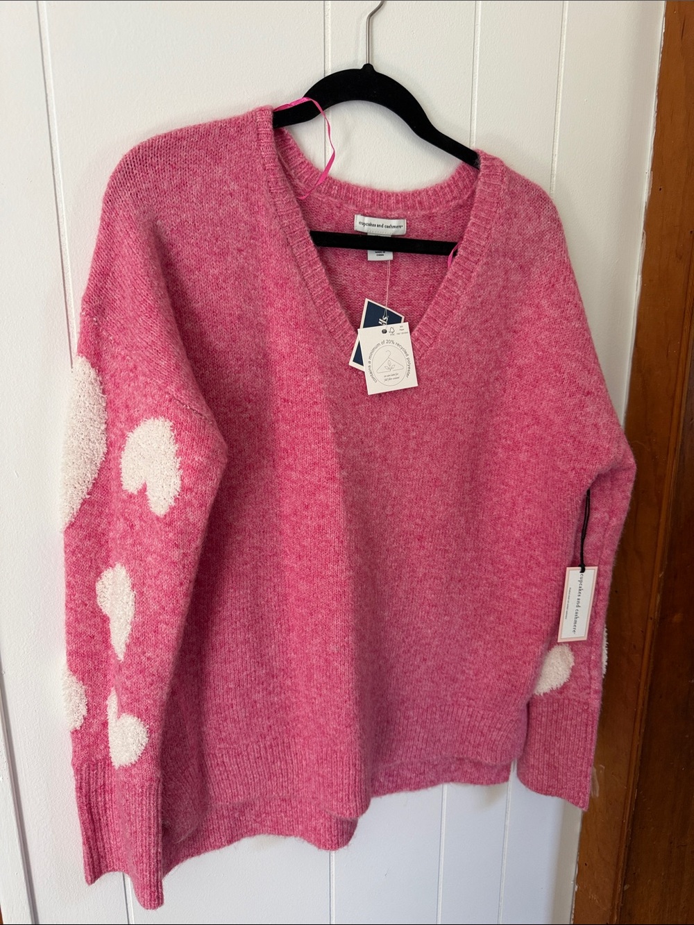 cupcakes & cashmere Pink V-Neck Sweater with White Heart Sleeves